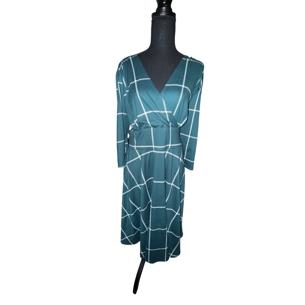 Karina Dresses XXL Teal Plaid Faux Wrap Midi Dress Long Sleeve Made USA